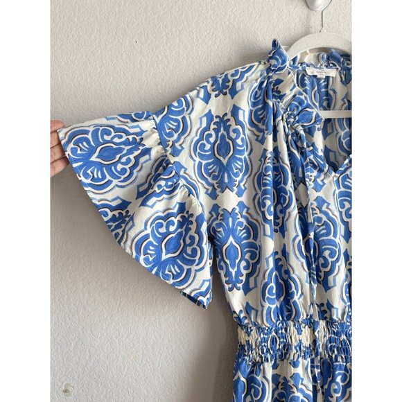 Entro Women’s Dusty Blue Floral Mini Dress Tie Neck Short Sleeve Size Large Boho - Picture 11 of 16